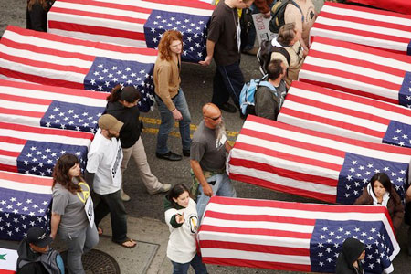  Anti-war demonstrators carry model coffins in a protest march on Hollywood Boulevard to mark the sixth anniversary of the Iraq war ground invasion on March 21, 2009